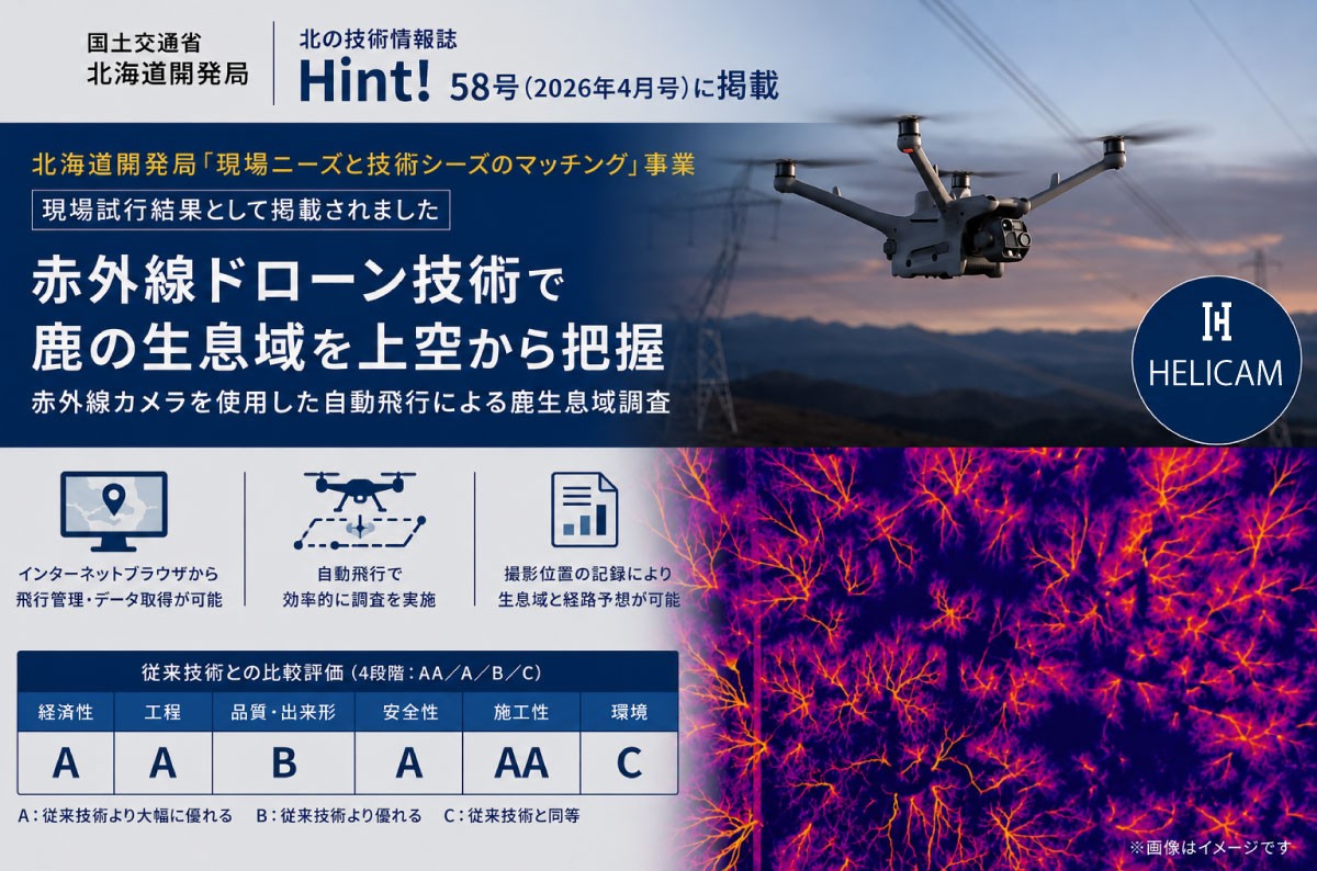国土交通省 北海道開発局発行「北の技術情報誌 Hint! 58号」にHELICAMの技術が掲載されました｜赤外線ドローンを使用した取り組み