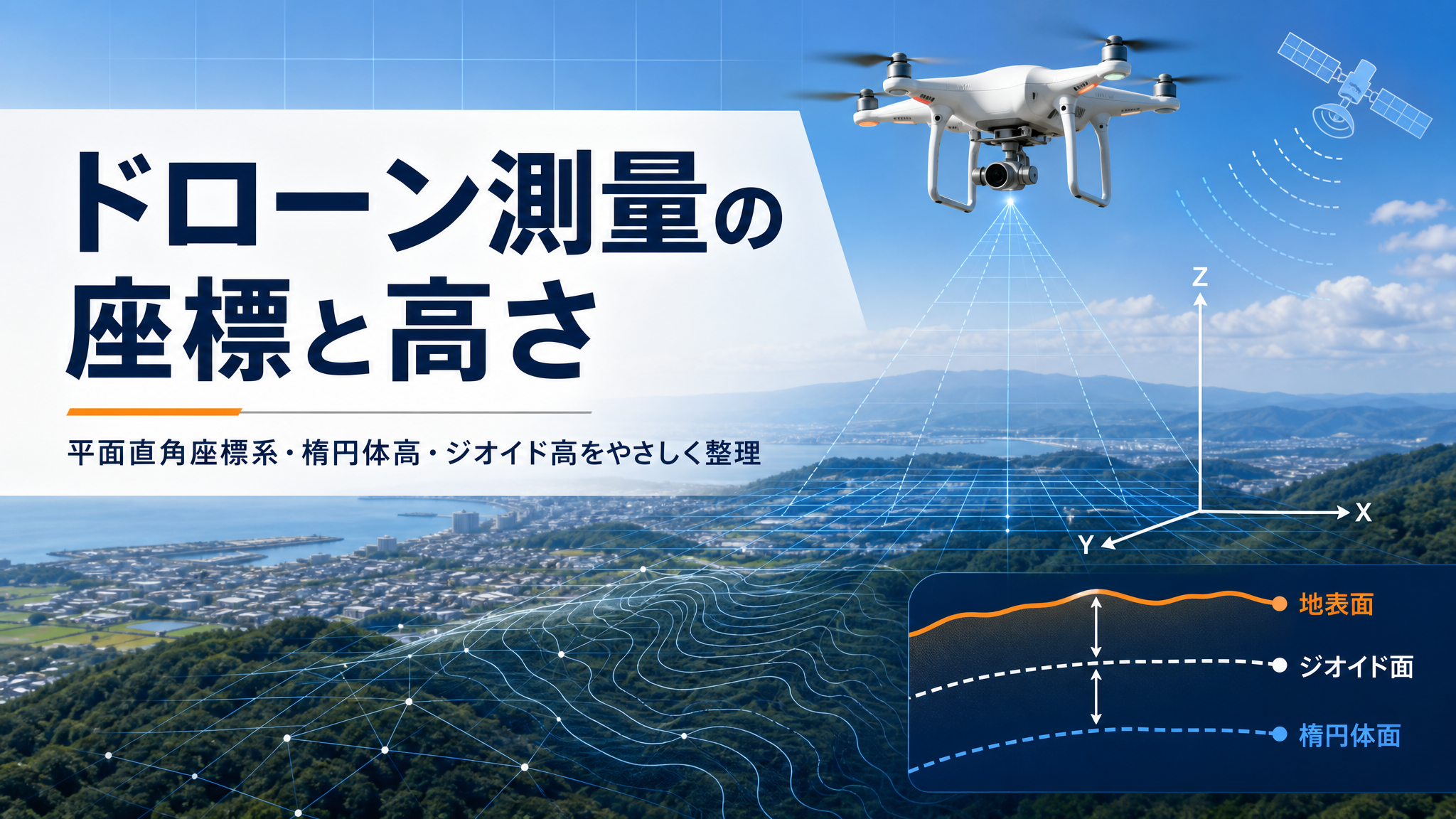 ドローン測量の座標と高さをやさしく整理｜平面直角座標系・楕円体高・ジオイド高・RTK/PPKの考え方