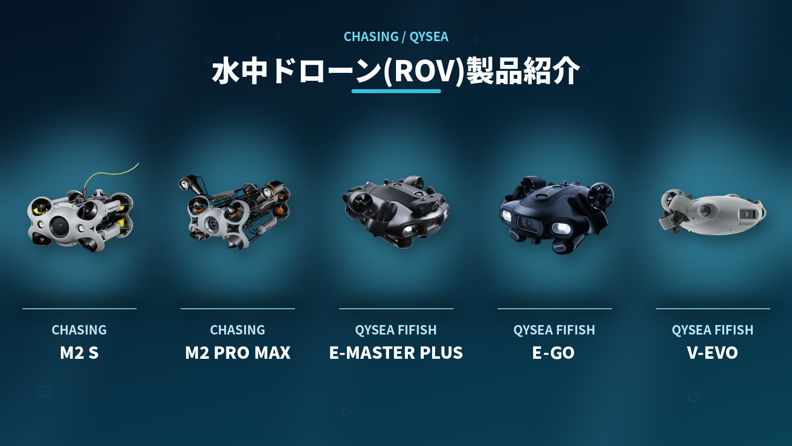 HELICAMが取り扱う【水中ドローン】(ROV)５機種紹介｜CHASING M2 S・M2 PRO MAX と QYSEA FIFISH E-MASTER PLUS・E-GO・V-EVO